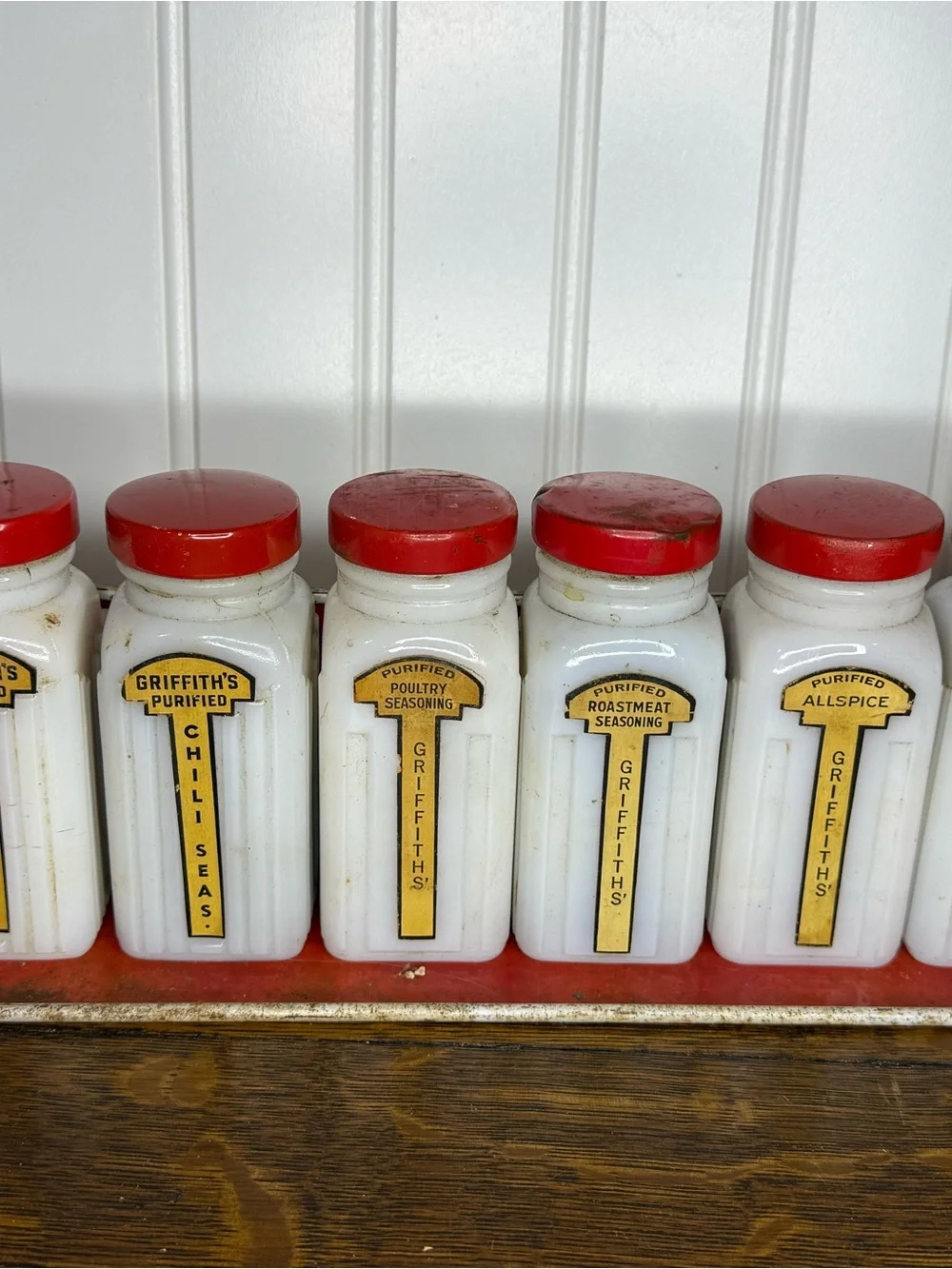 Vintage 1940s Griffith's Milk Glass Jars Spice Rack Set of 6 w/ original metal r